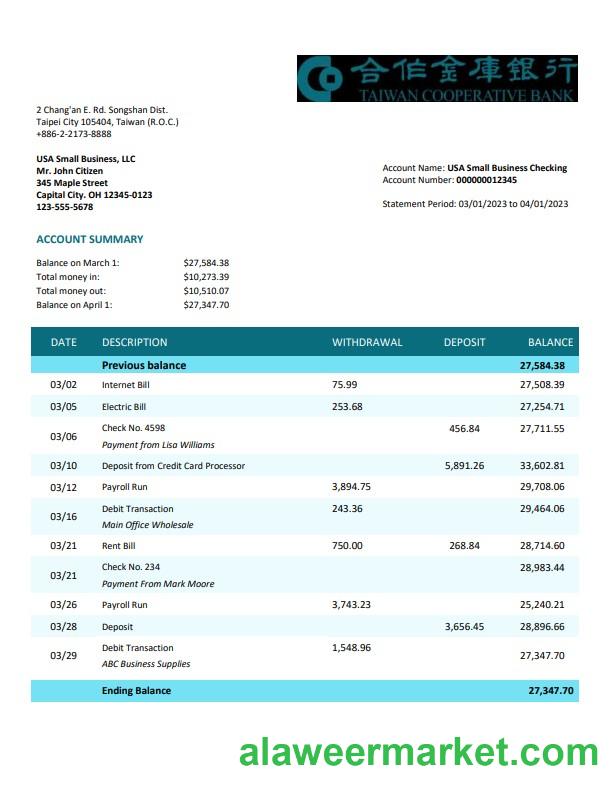 Taiwan Cooperative Bank organization statement Word and PDF template